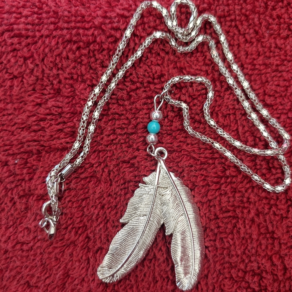 Silver Feather Pendant Necklace with Turquoise Bead - Women Jewelry